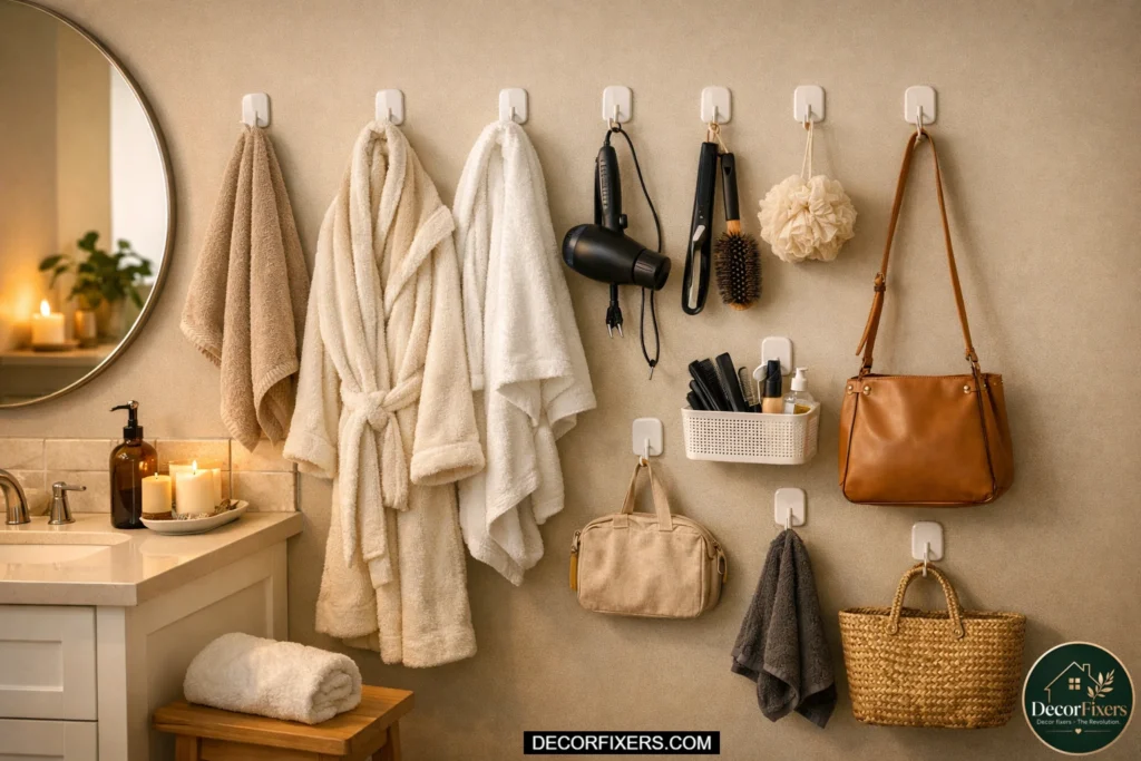Rental bathroom wall with strategically placed adhesive hooks holding towels, robes, hair tools, and bags in a clean spa-inspired apartment bathroom