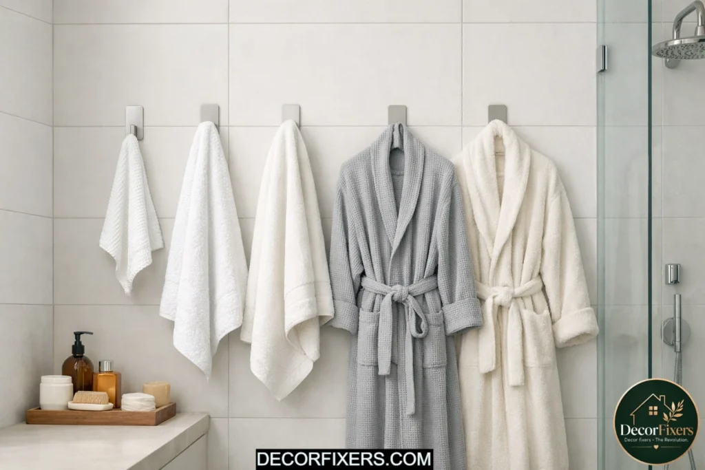 Adhesive wall hooks holding towels and robes in a renter-friendly bathroom