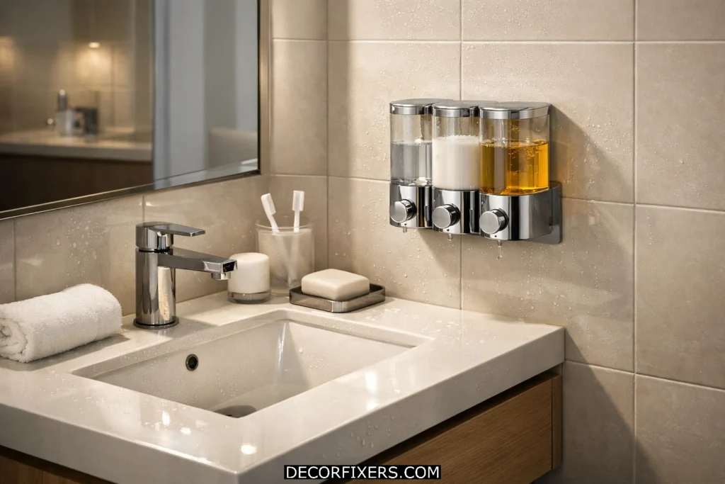 Adhesive wall-mounted soap dispenser attached to glossy bathroom tile beside compact sink area