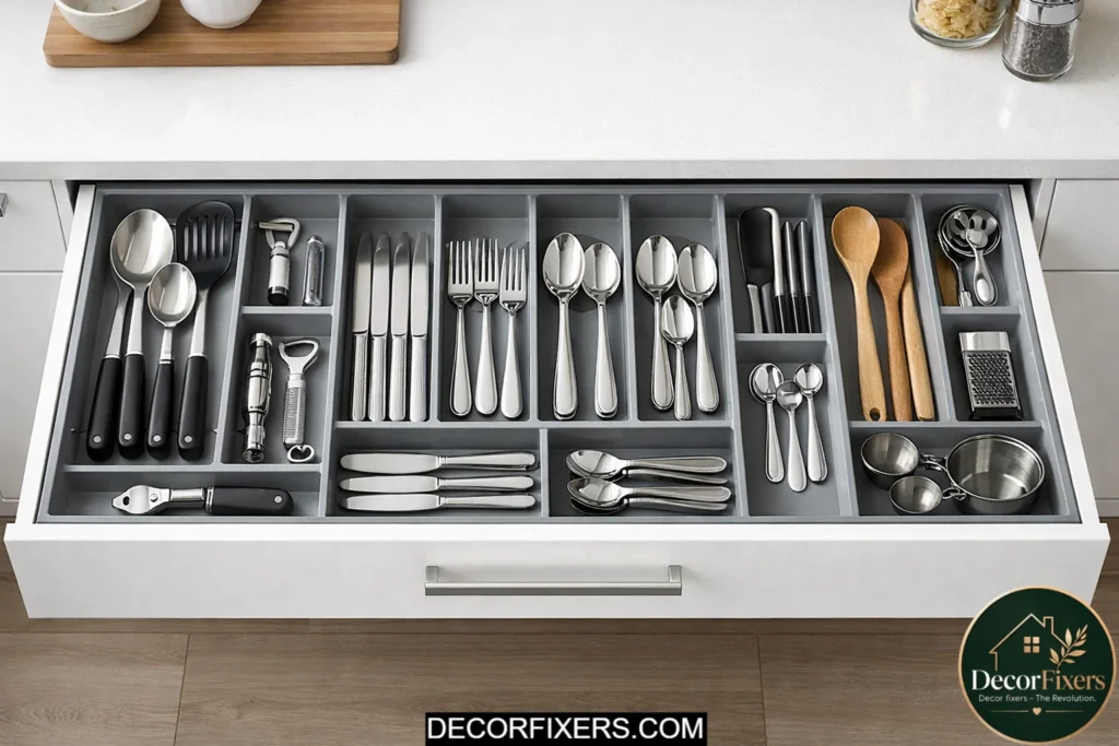 Adjustable cutlery tray fitted neatly inside a kitchen drawer