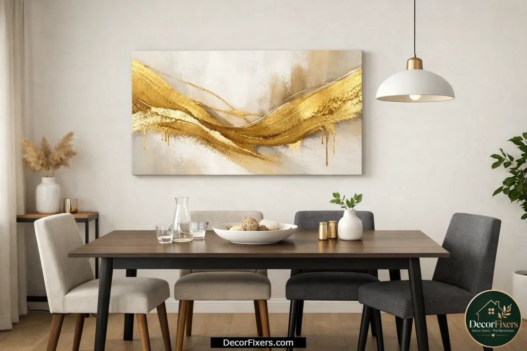 Affordable gold abstract canvas wall art in a stylish budget-friendly dining room
