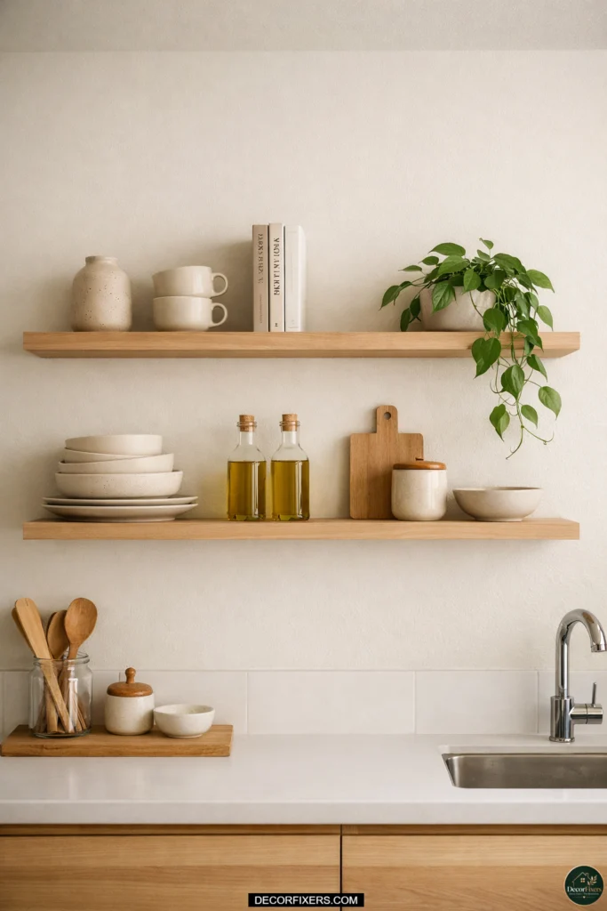 Open shelving making a tiny open-plan kitchen feel airy