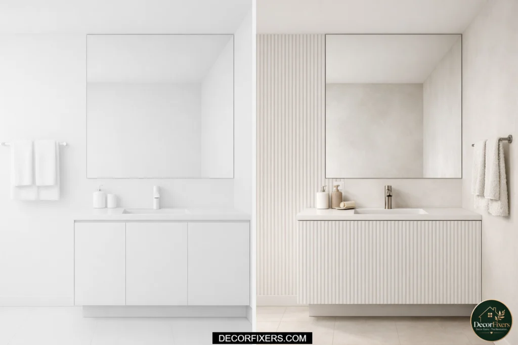 Flat all-white bathroom compared to textured white bathroom with fluted panels and ribbed vanity to avoid sterile design