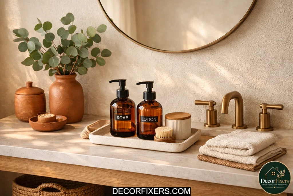 Amber glass soap dispensers and ceramic containers styled on a boho bathroom vanity