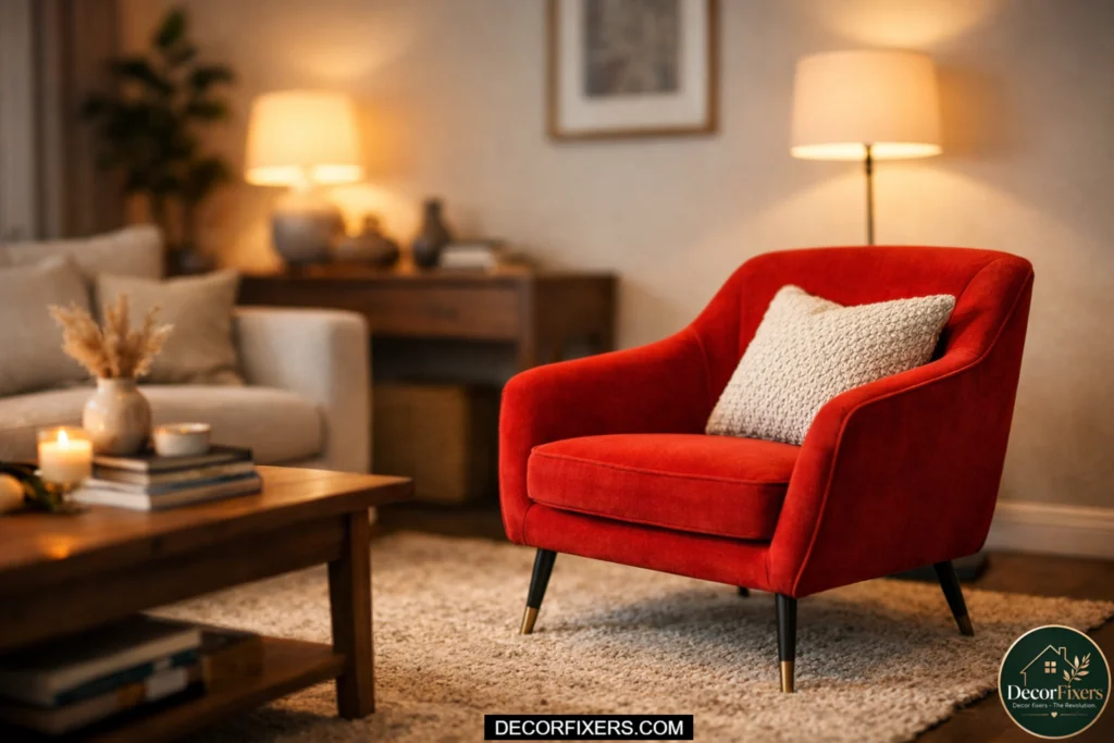 angled accent chair adding depth to small living room