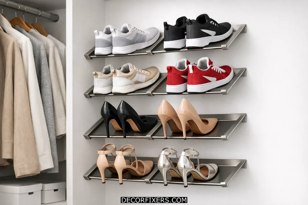 Angled shoe rails maximizing shoe storage inside a narrow closet space.