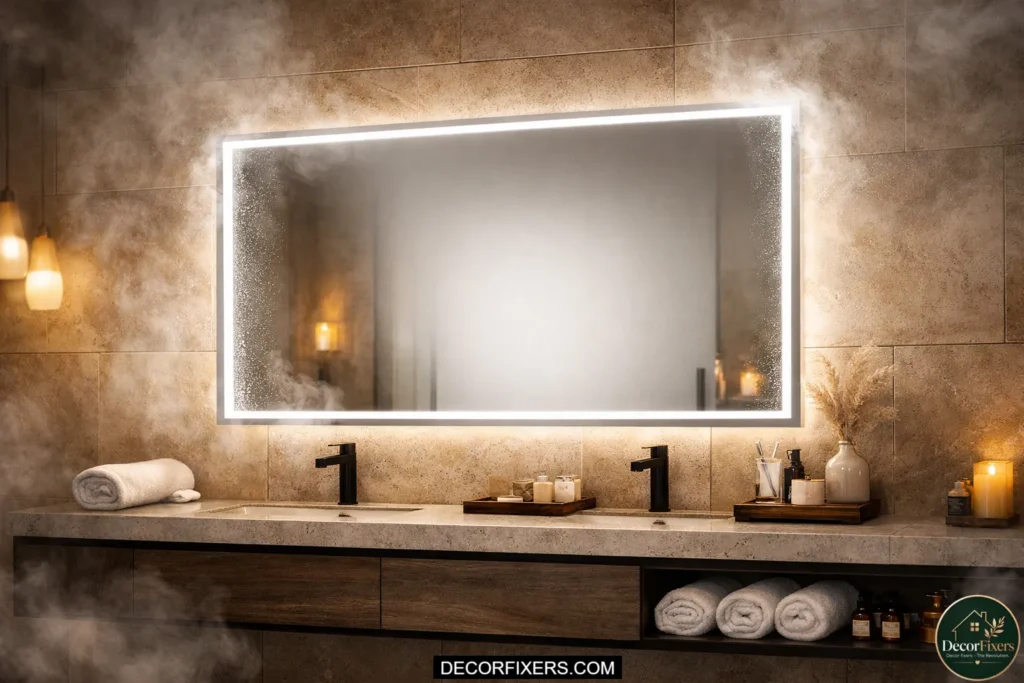 Anti-fog LED bathroom mirror in a steamy modern bathroom
