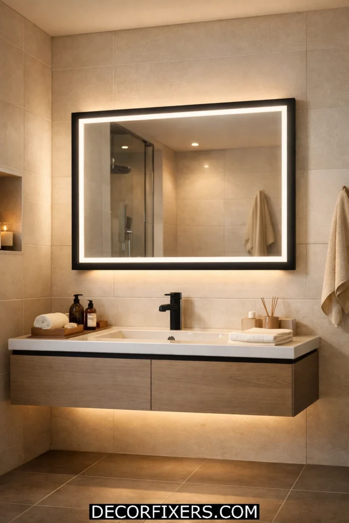 Anti-fog LED bathroom mirror glowing above floating vanity in modern compact apartment bathroom