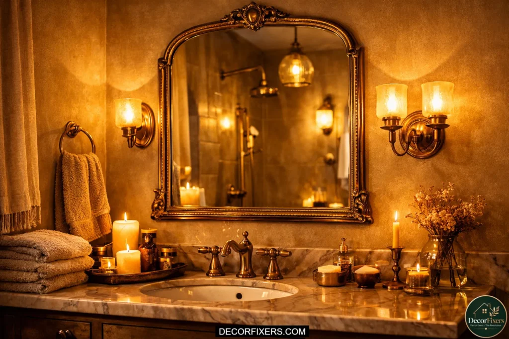Antique brass bathroom mirror creating a warm luxury atmosphere