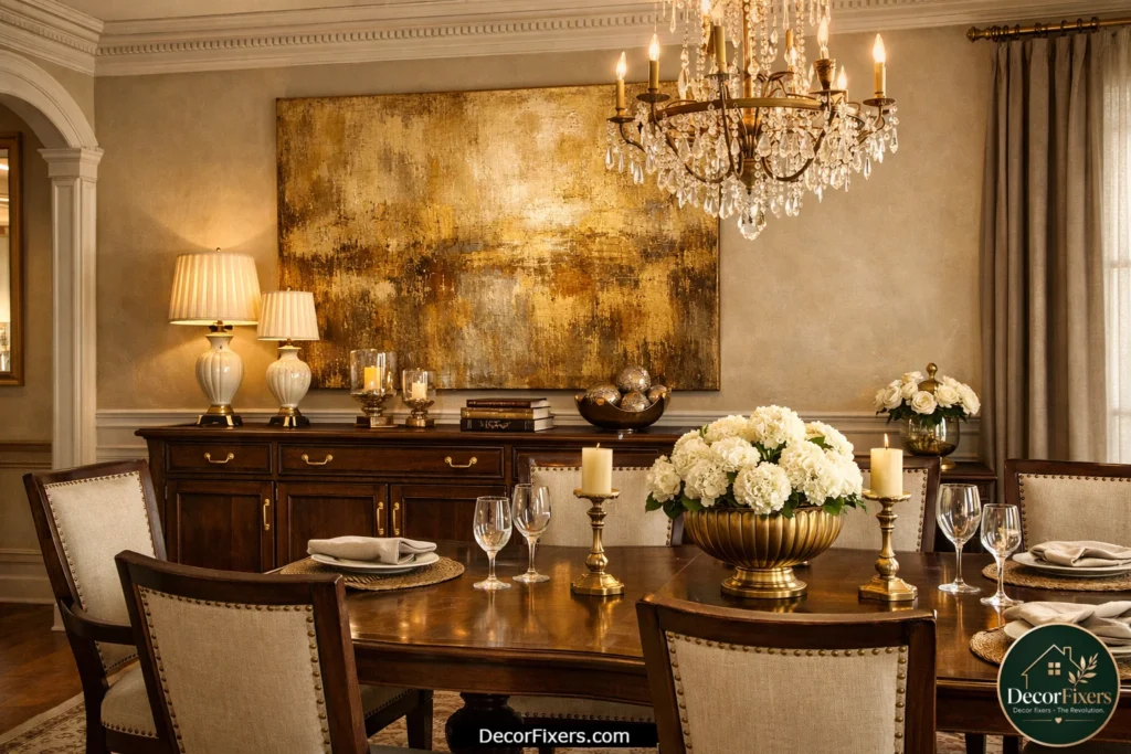 Antique gold abstract canvas art paired with traditional wood dining room furniture
