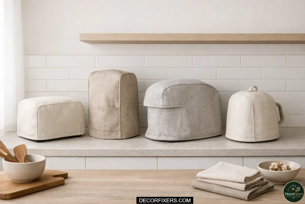 Fabric appliance covers in coordinating neutral tones placed over a countertop air fryer and other small kitchen appliances to reduce visual clutter
