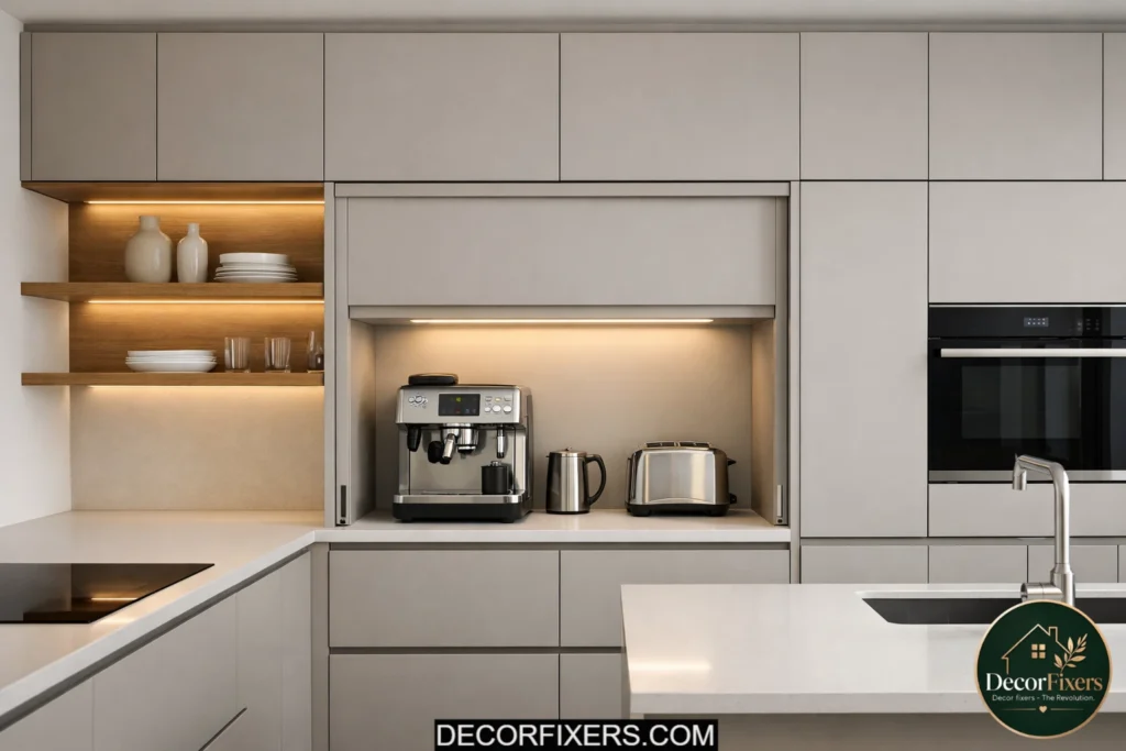 Minimalist kitchen with concealed appliance garage and clean countertops