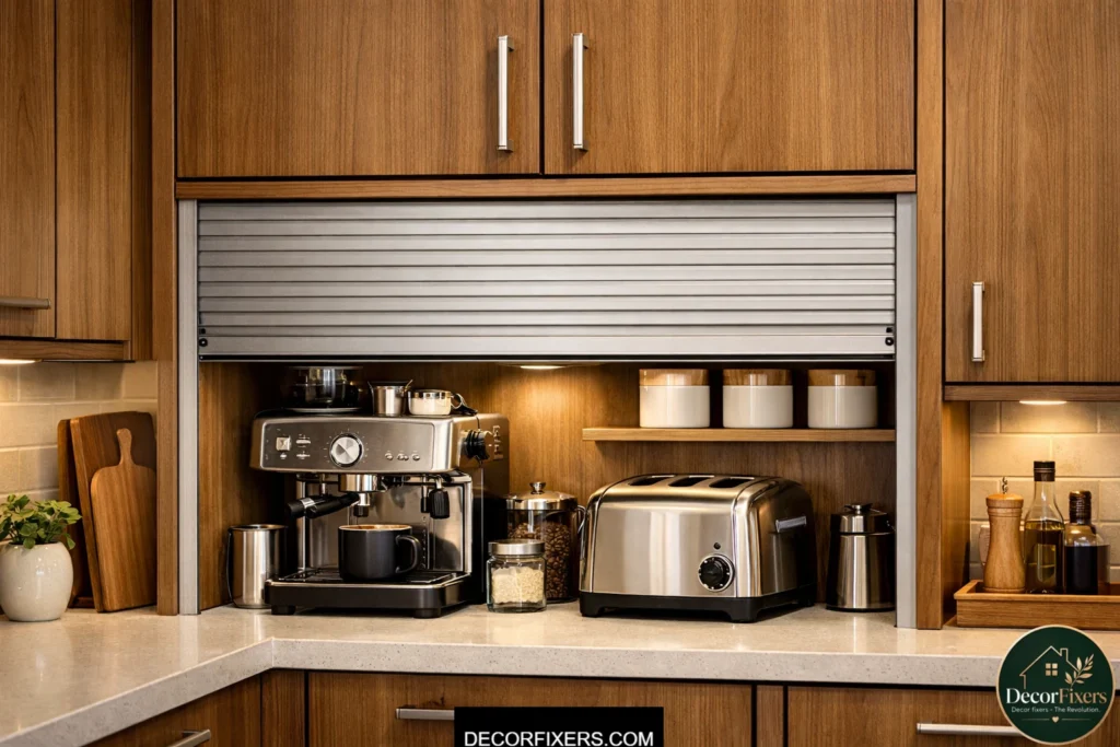 Appliance garage cabinet hiding countertop appliances in a small kitchen