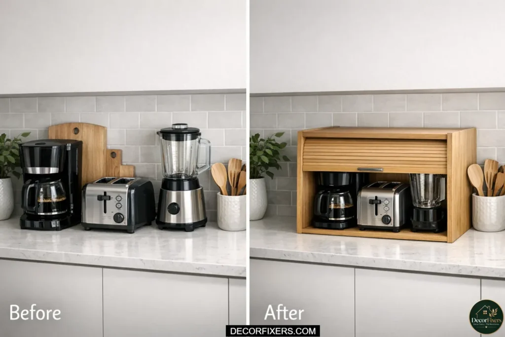 A built-in appliance garage with a tambour roll-up door installed in a small kitchen backsplash, concealing a coffee maker and toaster