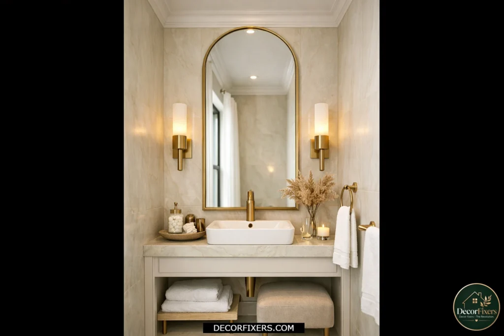 Small bathroom with an arched mirror creating the illusion of taller ceilings and elegant style.