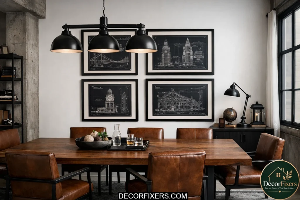 Framed architectural blueprint drawings displayed in a modern industrial dining room