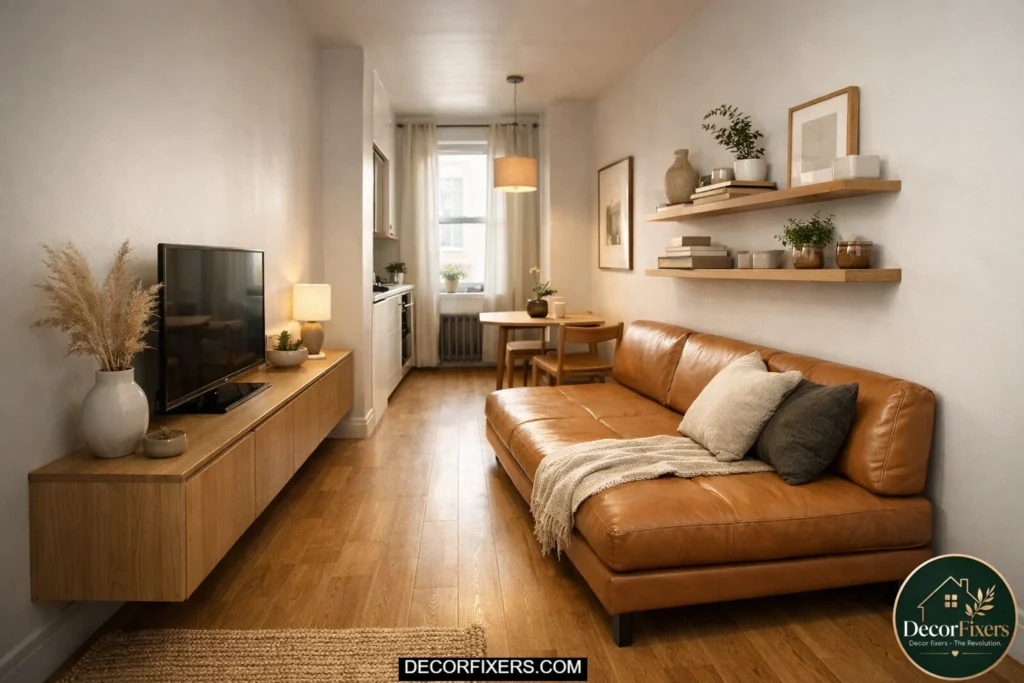 Armless tan leather sofa bed inside a narrow galley-style apartment living room.