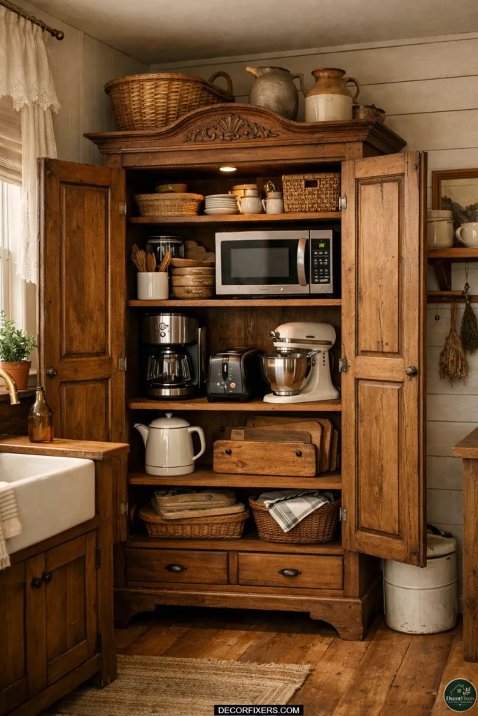 A freestanding furniture armoire repurposed as an appliance storage unit in an eclectic kitchen corner