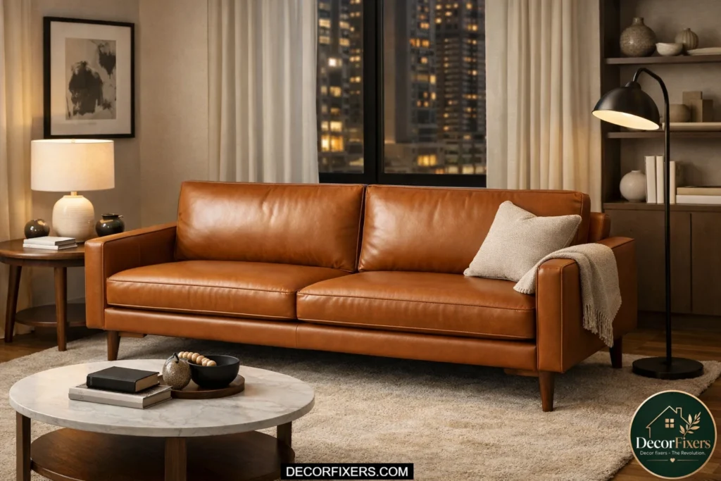 Slim-arm genuine leather sleeper sofa in an upscale modern apartment.
