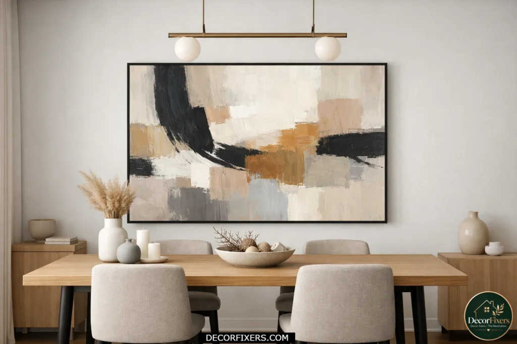 Small dining room with oversized artwork hung at proper eye level.