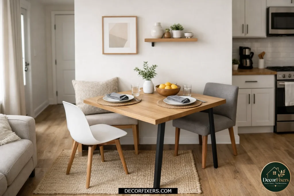 Off-center dining table placement creating better flow in a small apartment.