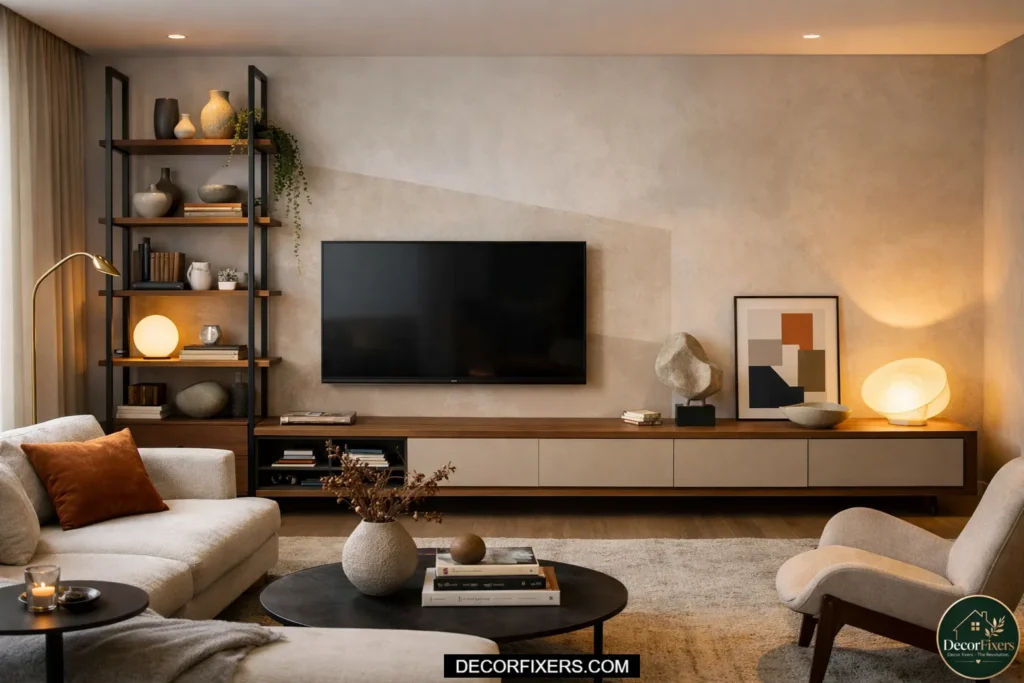 An asymmetrical living room TV wall with the screen mounted slightly off-center, a tall narrow bookcase on one side balancing a wider low cabinet on the other in a visually weighted
