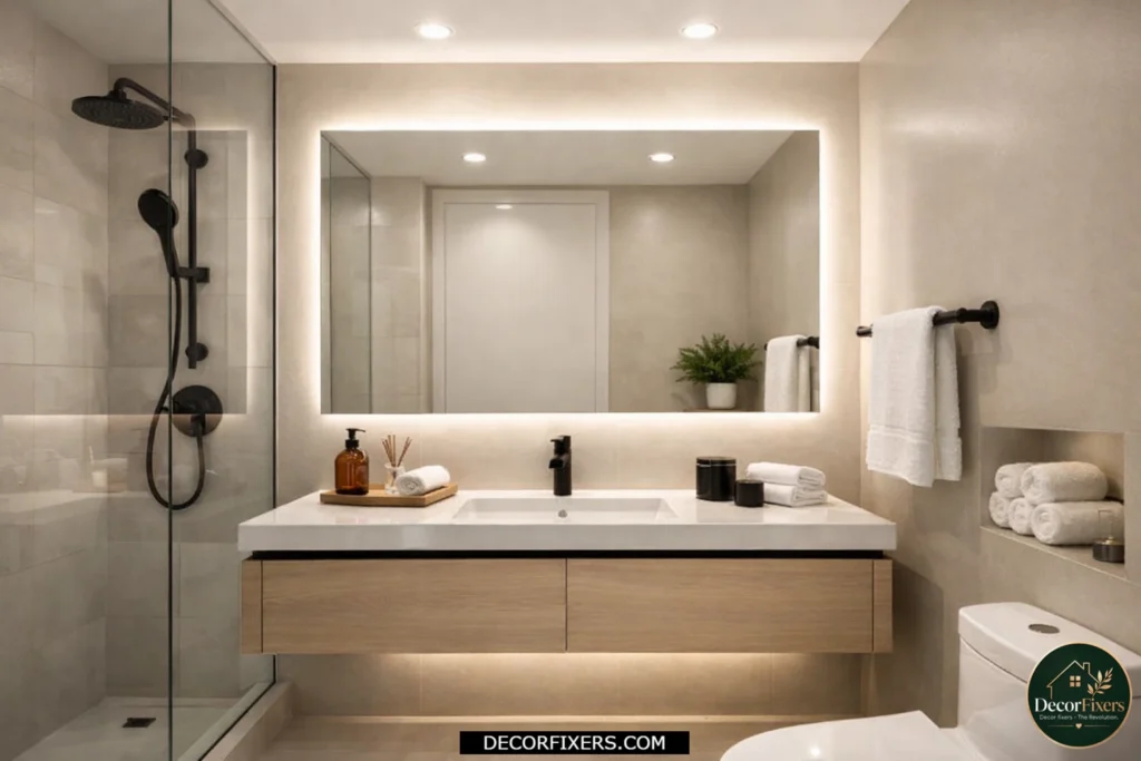 Small bathroom featuring a glowing backlit LED mirror with shadow-free lighting and modern luxury styling.