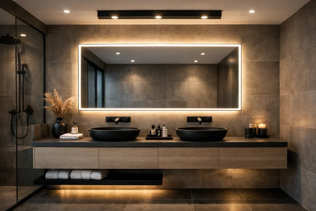 Bathroom with a backlit mirror combined with an overhead vanity light bar.