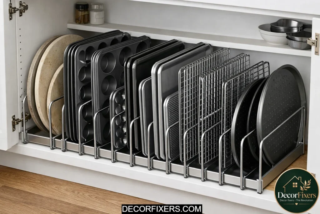 Vertical bakeware divider rack organizing baking trays inside cabinets