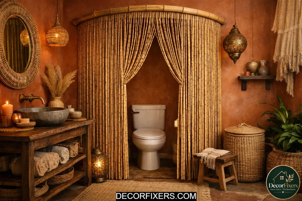Bamboo beaded curtain divider separating a toilet alcove in a boho bathroom