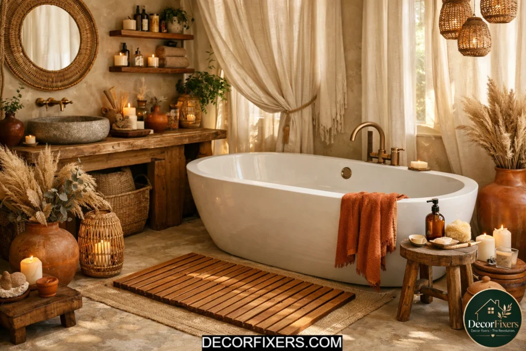 Slatted bamboo bath mat placed beside a freestanding tub in a cozy boho bathroom
