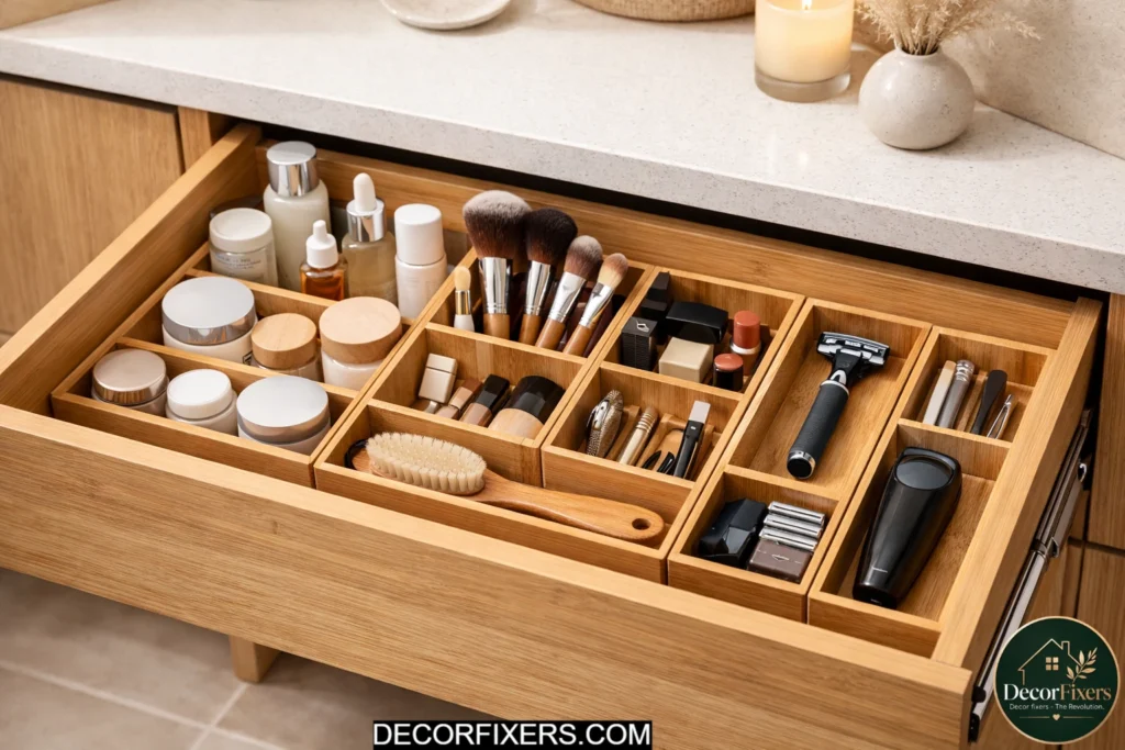 Bamboo drawer inserts organizing bathroom vanity essentials