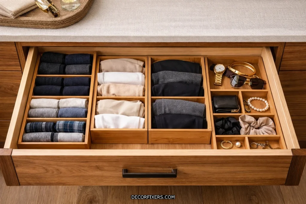 Bamboo drawer organizer inserts inside a closet drawer.