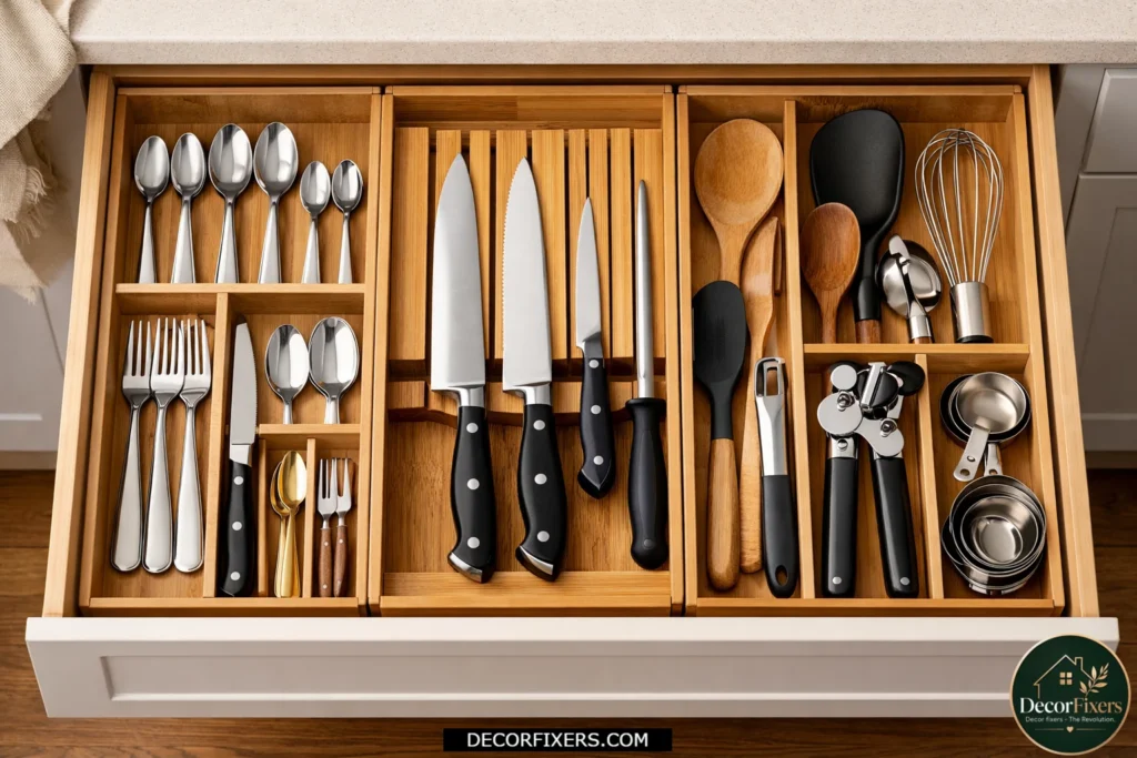 Bamboo drawer organizers keeping kitchen utensils neatly separated.