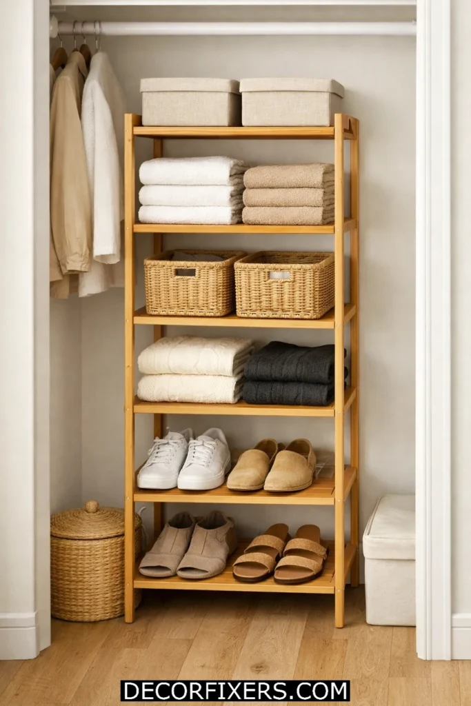 Bamboo freestanding shelving unit inside a small closet for vertical storage organization.