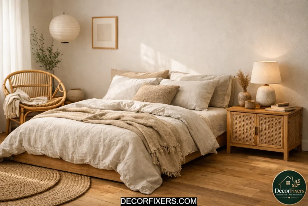 Bamboo and rattan furniture in a Japandi bedroom