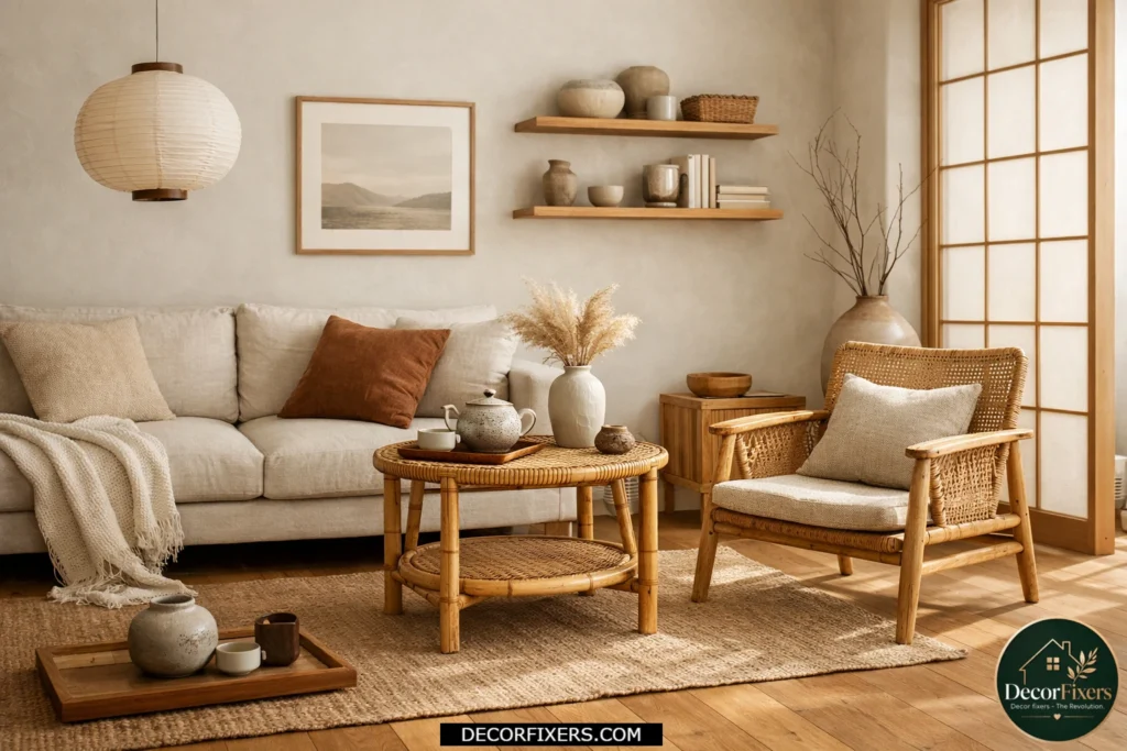 Japandi living room with bamboo and rattan furniture accents