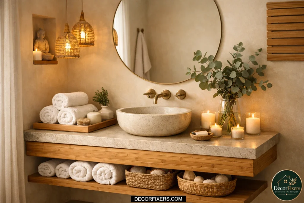 Bamboo bathroom vanity creating a spa-inspired small bathroom