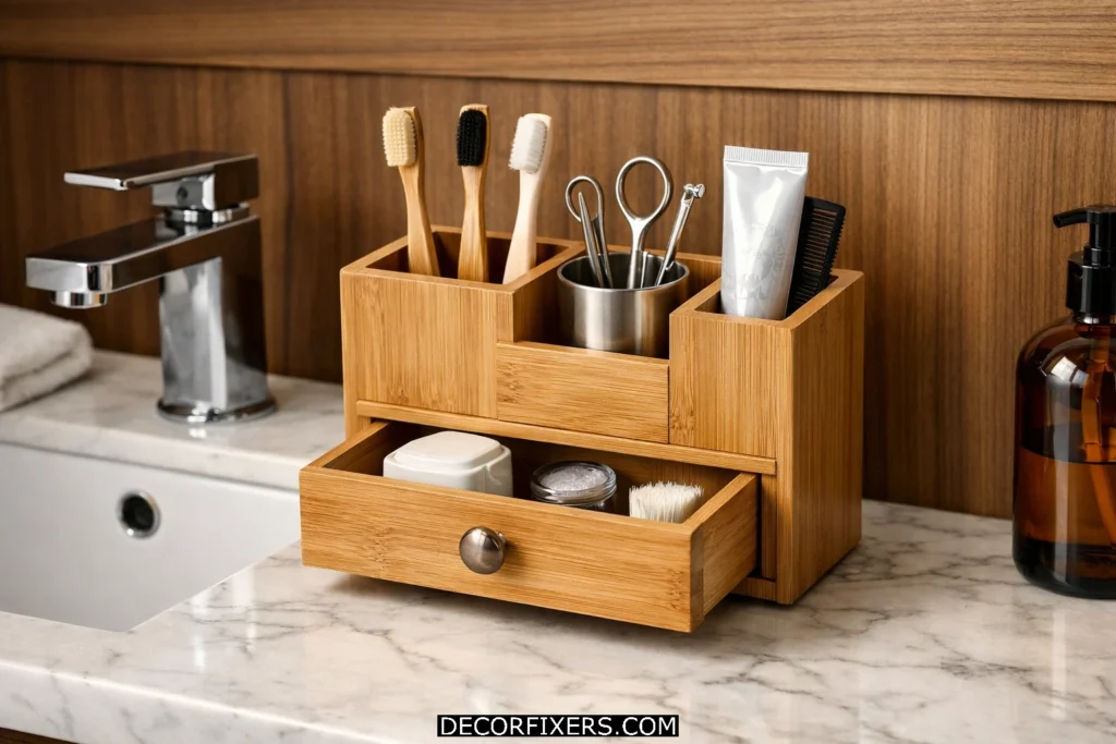 Bamboo toothbrush organizer with drawer placed neatly beside compact bathroom sink counter