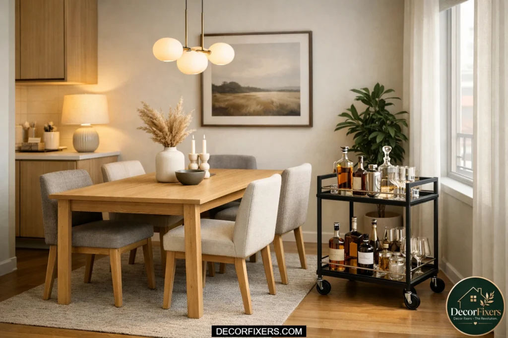 Rolling bar cart in small modern dining room
