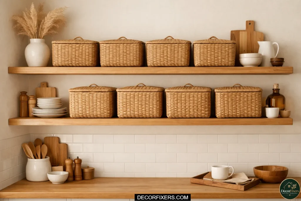 Matching lidded rattan baskets grouped on open kitchen shelves to conceal small appliances and accessories