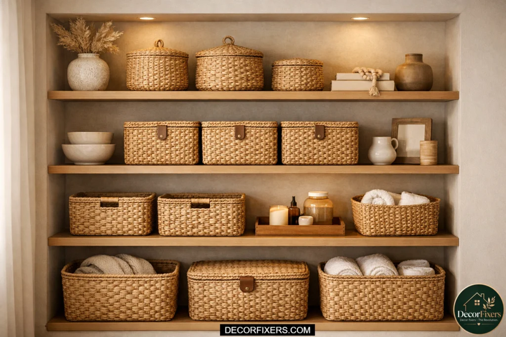 woven baskets used for hidden storage in living room shelves