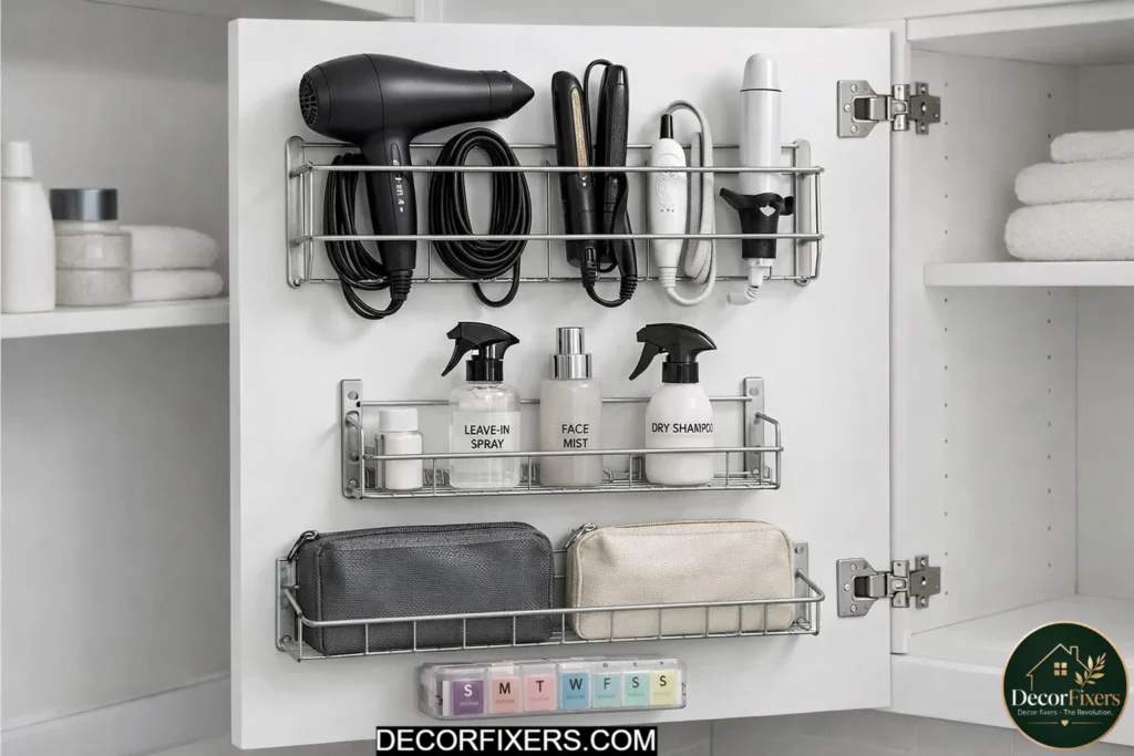 Mounted organizer attached to bathroom cabinet door for extra storage