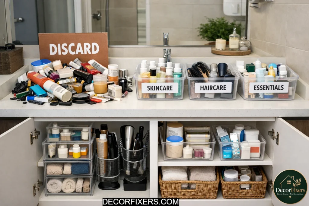 Bathroom cabinet decluttering and expired product purge routine
