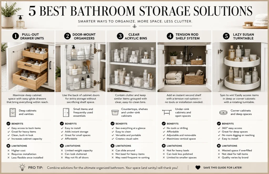 Comparison chart showing bathroom cabinet storage solutions and organizers

