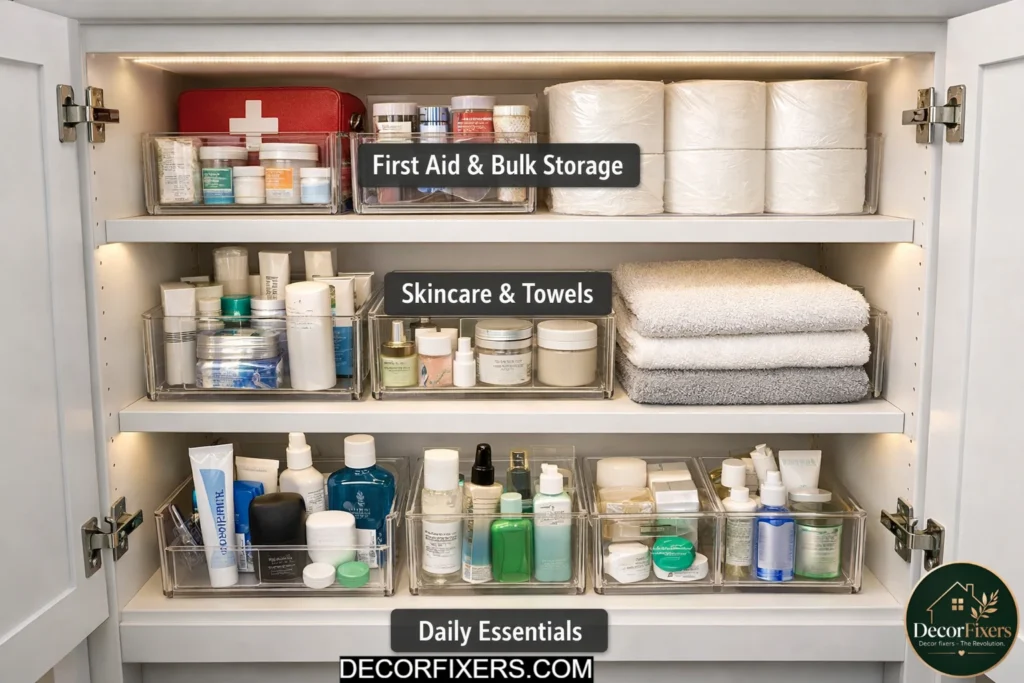 Bathroom cabinet organized into daily, weekly, and backup storage zones