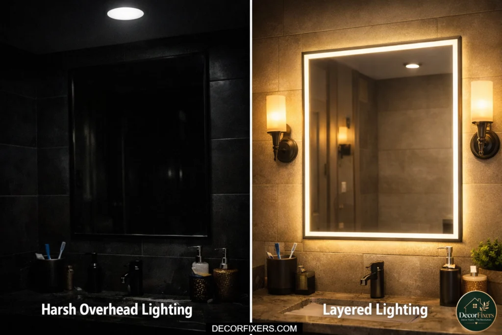 Basic bathroom ceiling compared to designed ceiling enhancing black and white space