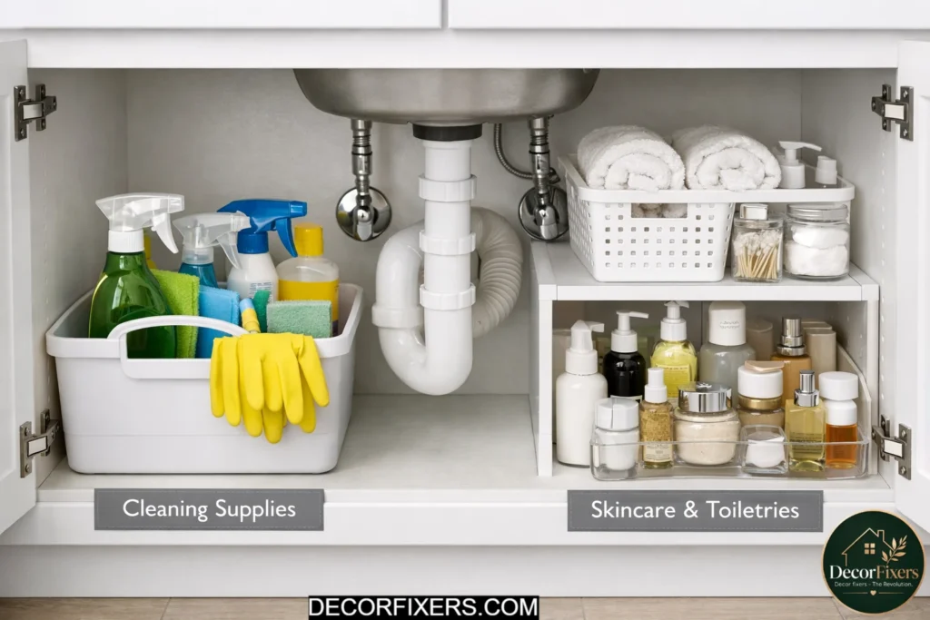 Separate cleaning supply zone inside organized bathroom cabinet
