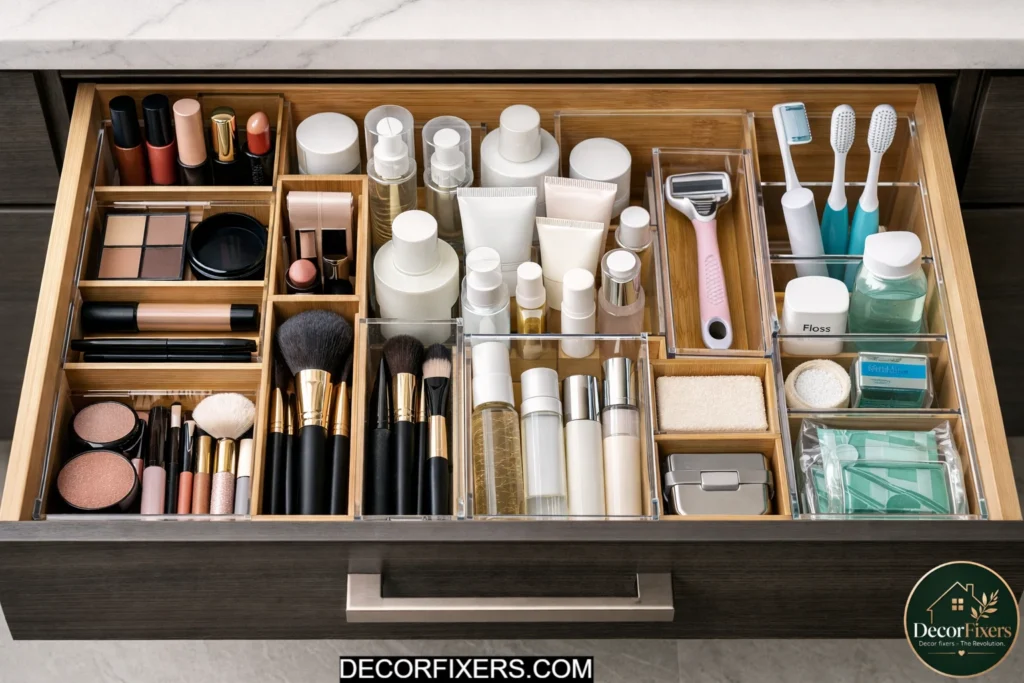 Bathroom vanity drawer organized with dividers and compartments