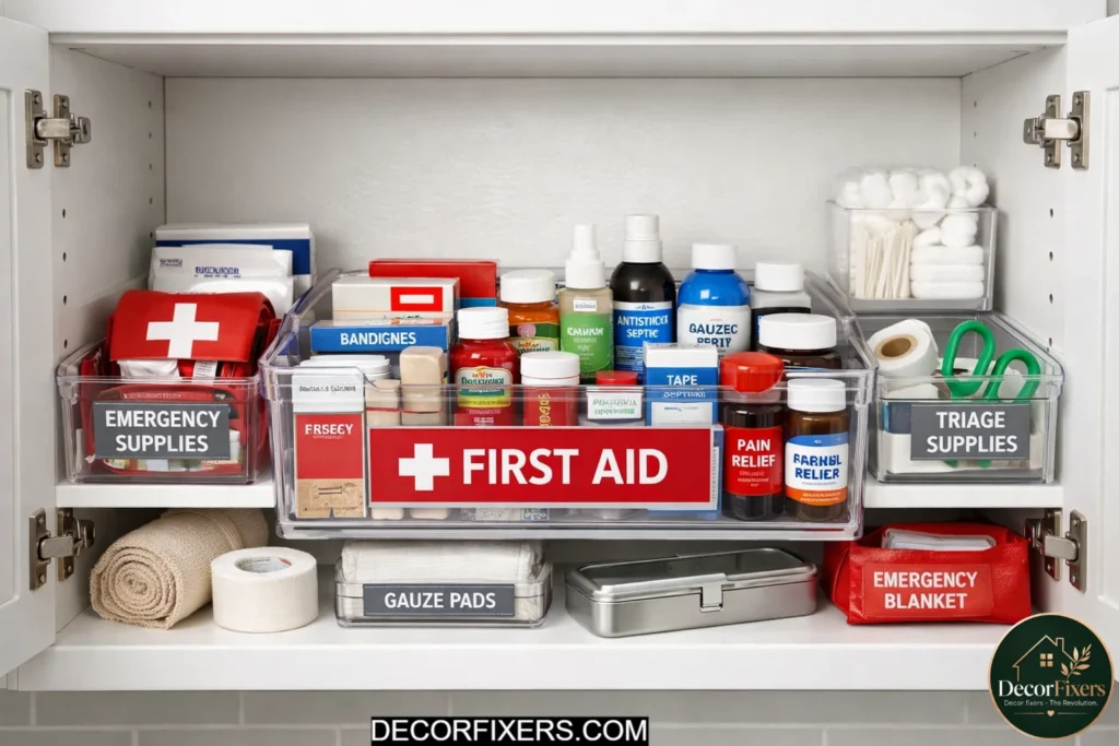 Dedicated first aid storage zone inside bathroom cabinet